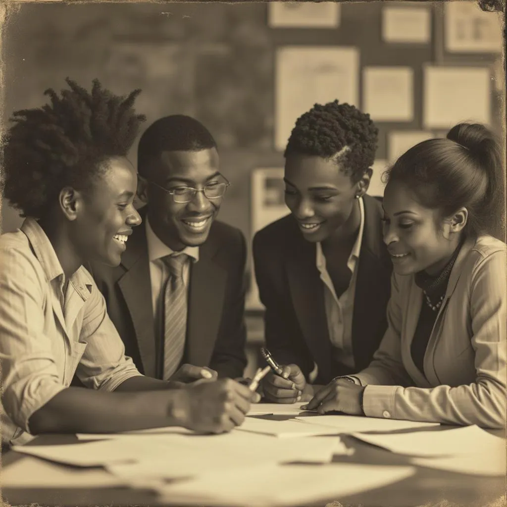 Photo d'archives de la première équipe BizConsult discutant autour d'un plan